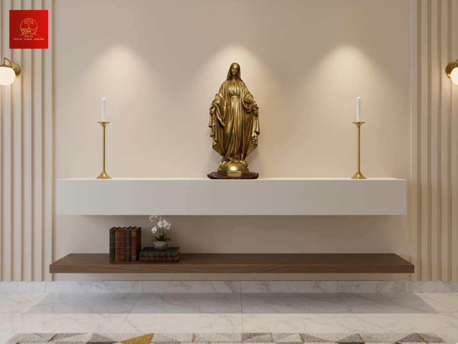 12-mau-ban-tho-duc-me-toi-gian-cho-can-ho-hien-dai-su-dung-tuong-duc-me-maria-ban-on-cao-40cm Mẫu bàn thờ Đức Mẹ tối giản cho căn hộ hiện đại, sử dụng tượng Đức Mẹ Maria Ban Ơn cao 40cm