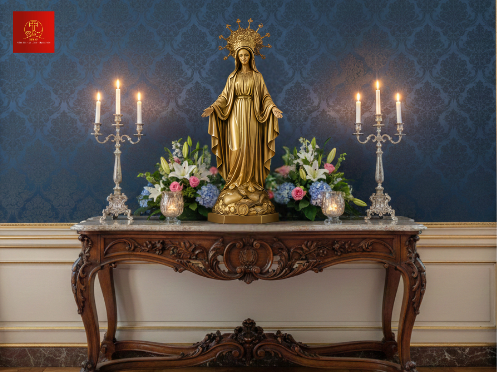 13-ban-tho-duc-me-voi-tuong-dong-tinh-xao-ket-hop-hoa-tuoi-va-nen-hai-ben-mang-den-cam-giac-am-ap-va-trang-nghiem Bàn thờ Đức Mẹ với tượng đồng tinh xảo, kết hợp hoa tươi và nến hai bên, mang đến cảm giác ấm áp và trang nghiêm