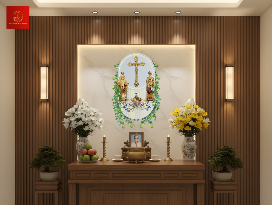 16-mau-ban-tho-gia-tien-cong-giao-tong-mau-am-ap-tao-cam-giac-yen-binh-am-cung-phu-hop-voi-khong-gian-gia-dinh Mẫu bàn thờ gia tiên Công Giáo tông màu ấm áp, tạo cảm giác yên bình, ấm cúng, phù hợp với không gian gia đình