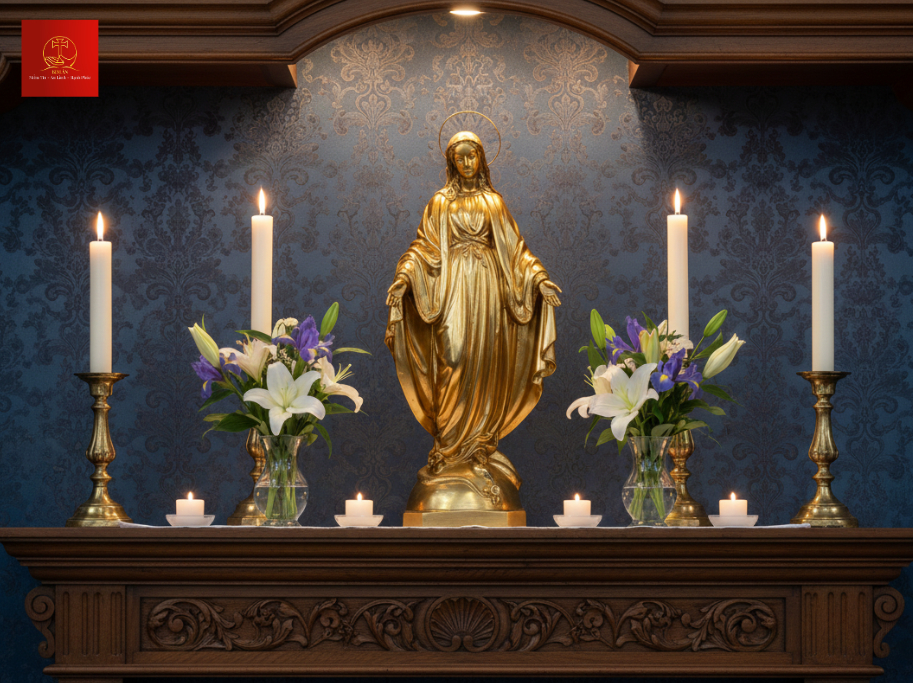 17-ban-tho-duc-me-noi-bat-voi-tuong-mau-vang-gold-sang-trong Bàn thờ Đức Mẹ nổi bật với tượng màu vàng gold sang trọng