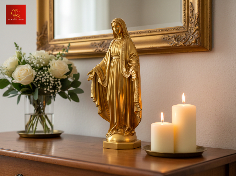 18-ban-tho-duc-me-maria-ban-on-don-gian-thanh-lich-hoa-va-nen-duoc-sap-xep-hai-hoa Bàn thờ Đức Mẹ nổi bật với tượng màu vàng gold sang trọng