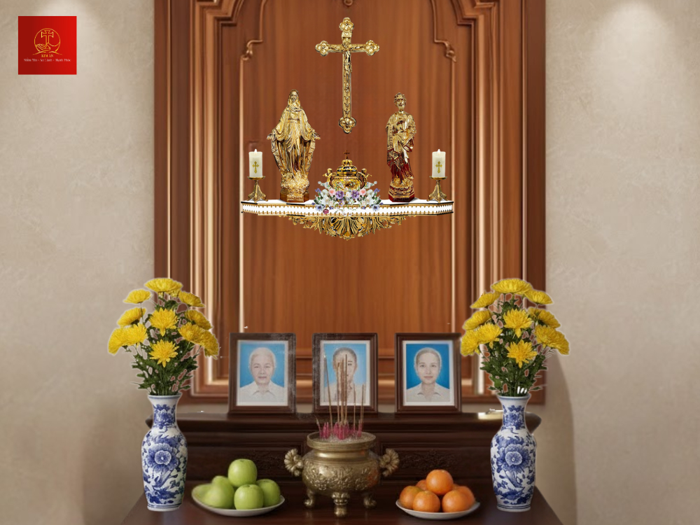 19-ban-tho-gia-tien-cong-giao-dat-tai-phong-khach-trang-trong-voi-thanh-gia-lam-trung-tam-the-hien-su-hieu-kinh-to-tien-trong-duc-tin-kito-giao Bàn thờ gia tiên Công giáo đặt tại phòng khách, trang trọng với thánh giá làm trung tâm, thể hiện sự hiếu kính tổ tiên trong Đức tin Kitô giáo
