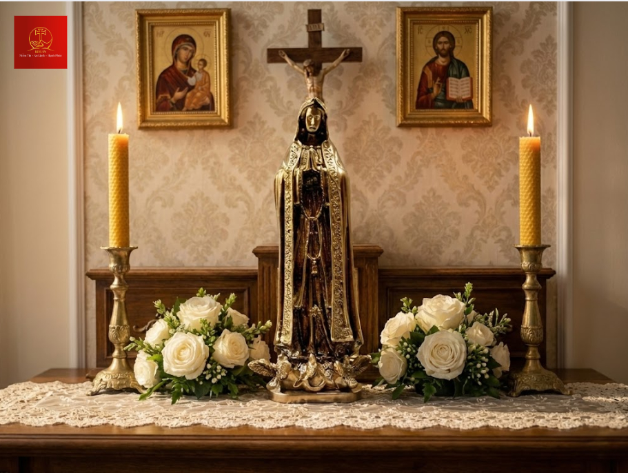 21-ban-tho-voi-tuong-duc-me-fatima-mau-co-dien-tram-am-mang-ve-dep-trang-nghiem Bàn thờ với tượng Đức Mẹ Fatima màu cổ điển