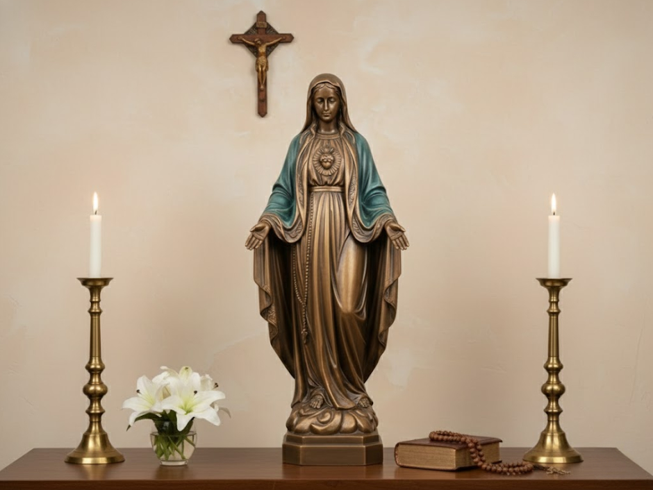 23-ban-tho-voi-tuong-duc-me-maria-bang-dong-phoi-mau-trang-nha-ket-hop-cac-vat-pham-tho-tu-truyen-thong Bàn thờ với tượng Đức Mẹ Maria bằng đồng phối màu trang nhã kết hợp các vật phẩm thờ tự truyền thống