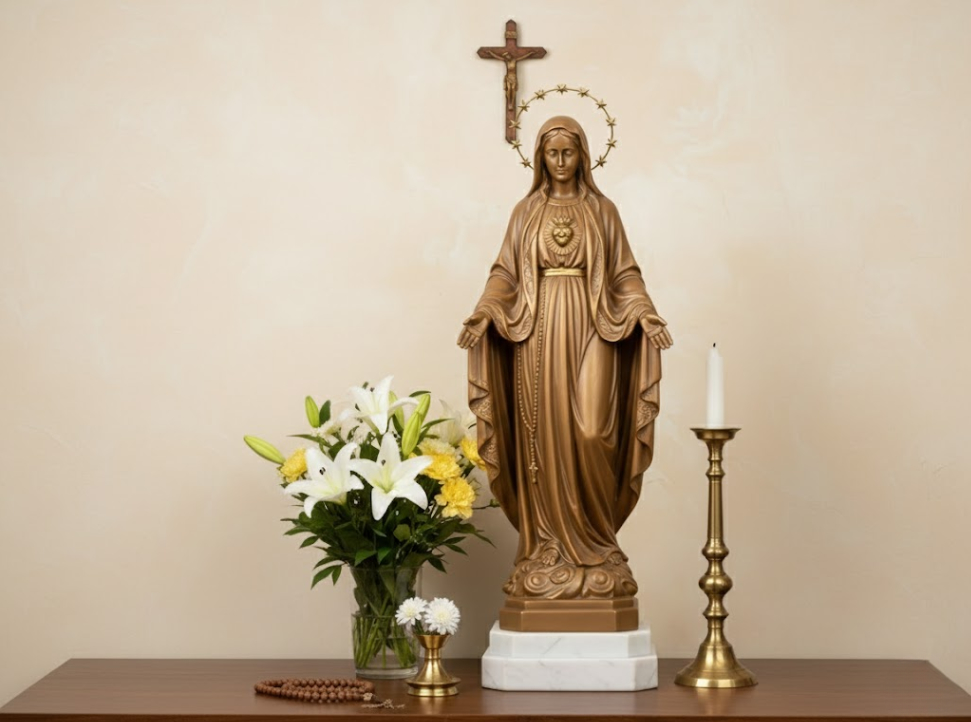 24-ban-tho-duc-me-toi-gian-nhung-van-day-du-hoa-tuoi-nen-va-chuoi-man-coi Bàn thờ Đức Mẹ tối giản nhưng vẫn đầy đủ hoa tươi