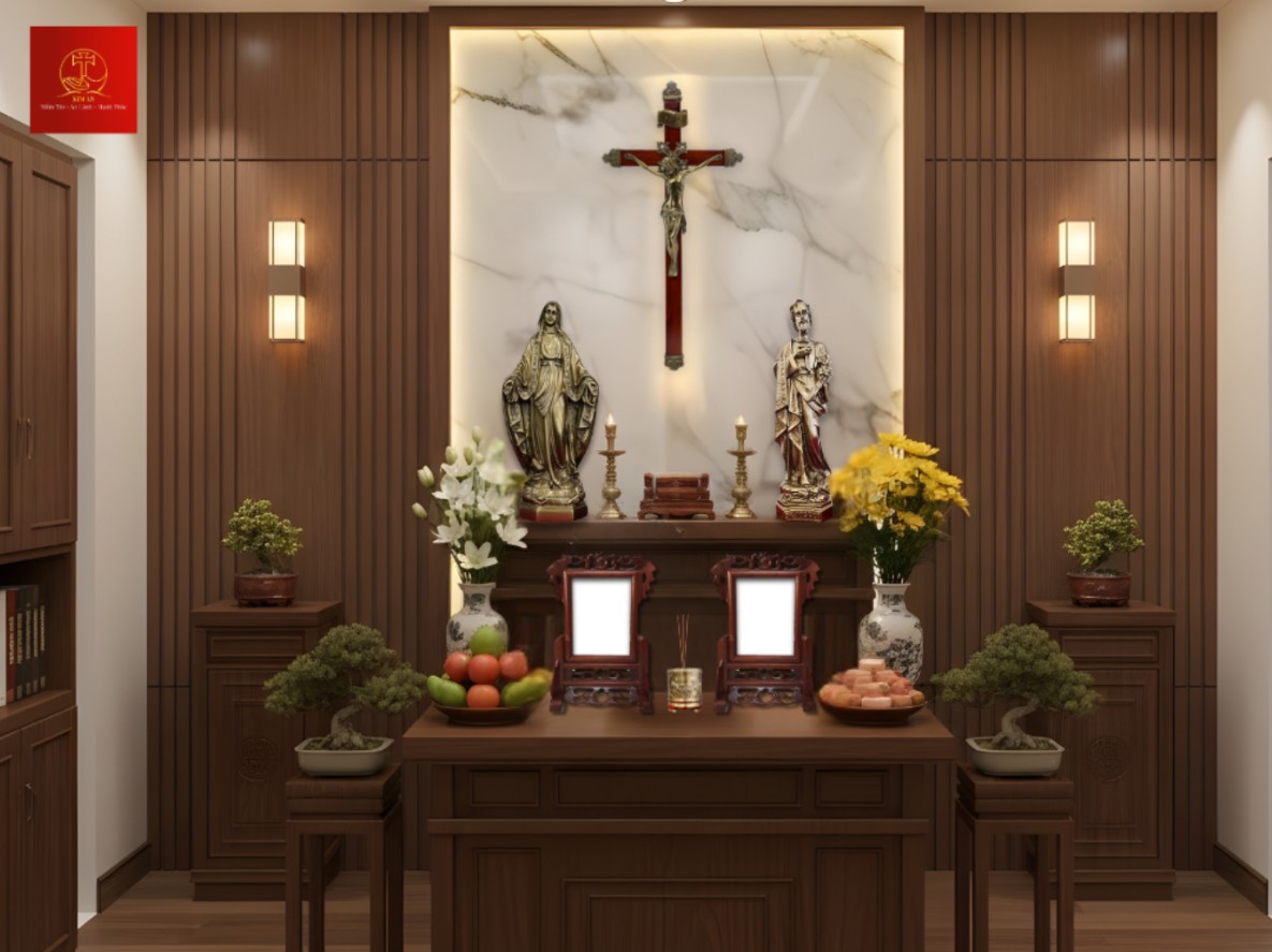 ban-tho-cong-giao-2-tang Bàn thờ Công giáo hai tầng gồm Thánh Giá, tượng Đức Mẹ và tượng Thánh Giuse