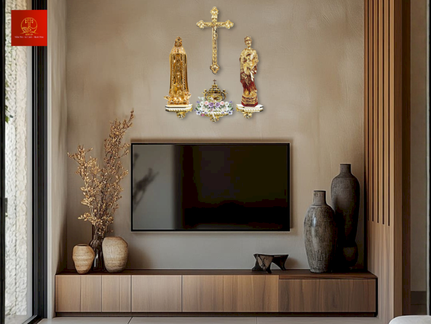 ban-tho-cong-giao-duoc-bo-tri-tren-ba-ke-treo-tuong-rieng Bàn thờ Công giáo được bố trí trên ba kệ treo tường riêng