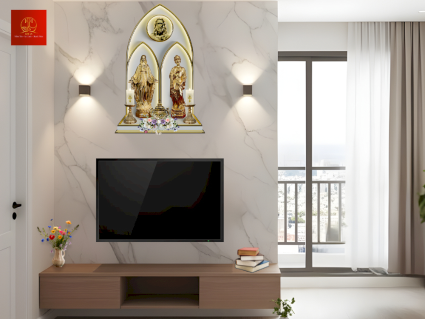 ban-tho-cong-giao-gom-tuong-duc-me-va-tuong-thanh-giuse-dat-trong-cung-vom-led Bàn thờ Công giáo gồm tượng Đức Mẹ và tượng Thánh Giuse đặt trong cung vòm LED