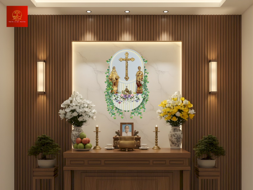ban-tho-cong-giao-sfu-no-04-gom-thanh-gia-tuong-duc-me-va-tuong-thanh-giuse-chat-lieu-inox-pvd-gold-cung-bat-huong-va-cum-hoa-trang-tri-thiet-ke-nen-oval-vien-led-ket-hop-day-la-ru Bàn thờ Công giáo SFU-No.04 kết hợp dây lá rủ