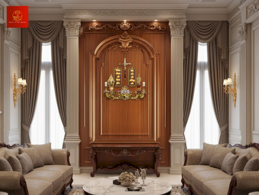 ban-tho-cong-giao-trong-phong-khach-co-dien Bàn thờ Công giáo trong phòng khách cổ điển