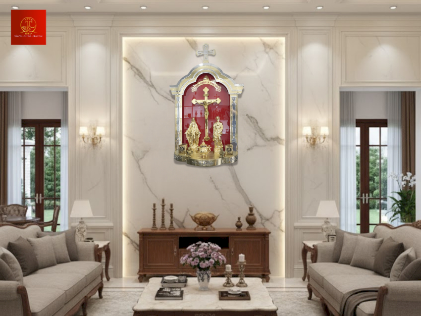 bo-ban-tho-cong-giao-voi-thiet-ke-vom-do-trong-phong-khach-tan-co-dien Bộ bàn thờ Công giáo với thiết kế vòm đỏ trong phòng khách tân cổ điển