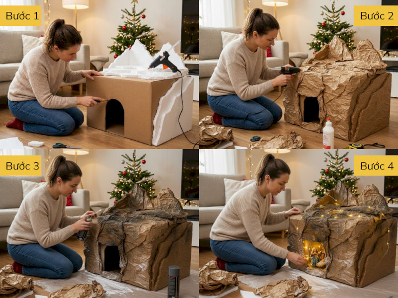 Cách làm hang đá Noel bằng thùng carton.