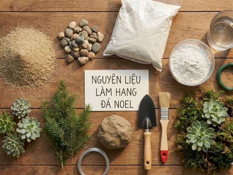 Chuẩn bị nguyên liệu để làm hang đá Noel kết hợp từ hang đá thật.