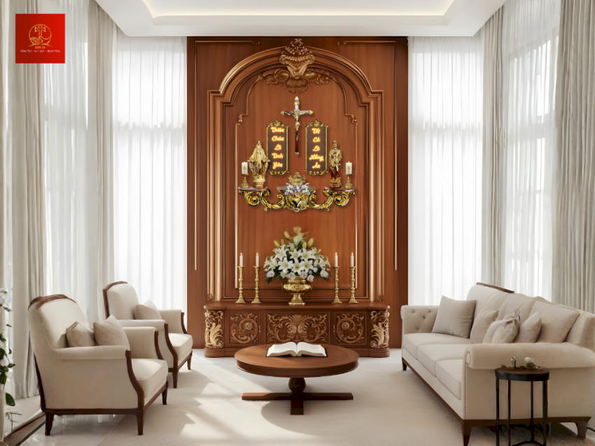 phong-khach-duoc-bo-tri-trang-trong-voi-bo-ban-tho-cong-giao-thiet-ke-lien-tuong-1 Phòng khách được bố trí trang trọng với bộ bàn thờ Công giáo thiết kế liền tường