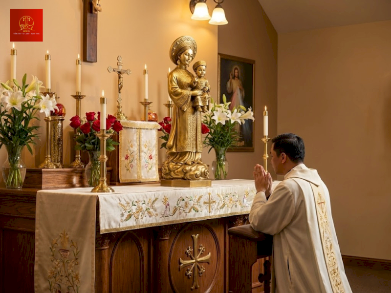 tuong-me-la-vang-tren-ban-tho-cong-giao-chuan-muc-va-trang-nghiem Tượng Mẹ La Vang trên bàn thờ Công giáo chuẩn mực và trang nghiêm.